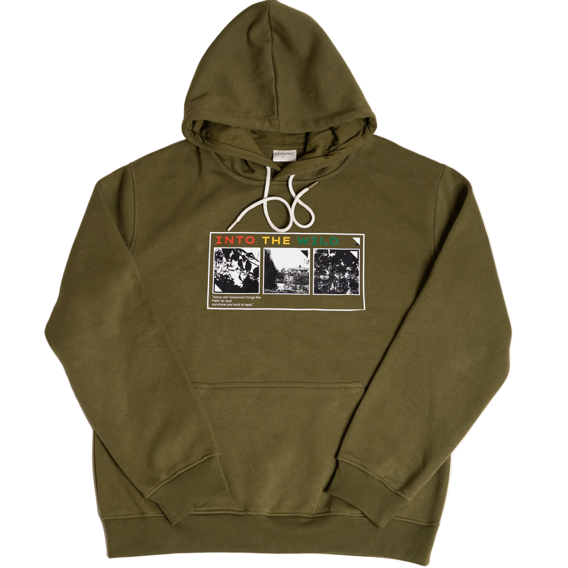 Green hoodie with graphic design on a white background