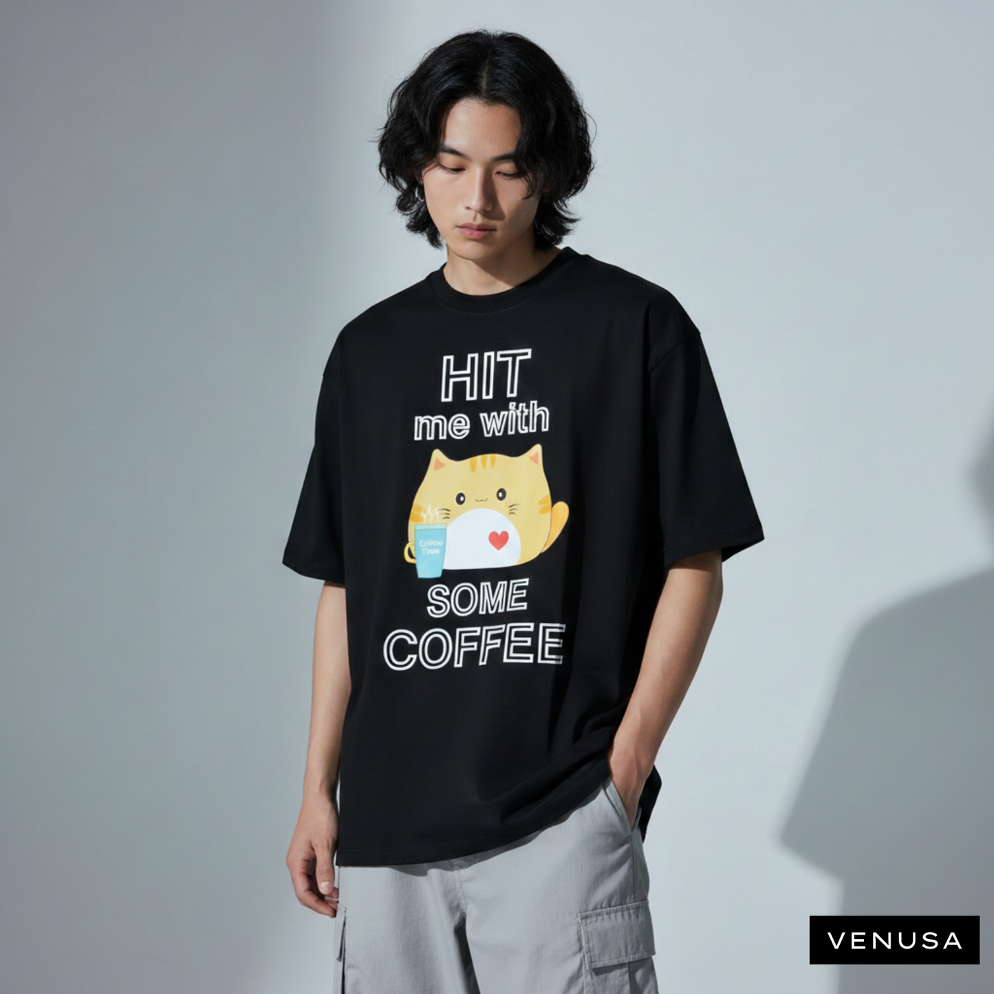 Hit me with some Coffee (Black) - Oversized Cotton Tee (220 GSM)