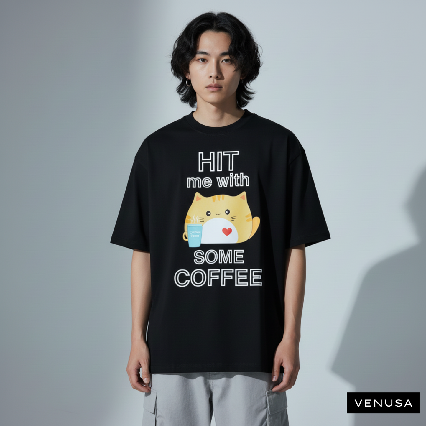 Hit me with some Coffee (Black) - Oversized Cotton Tee (220 GSM)